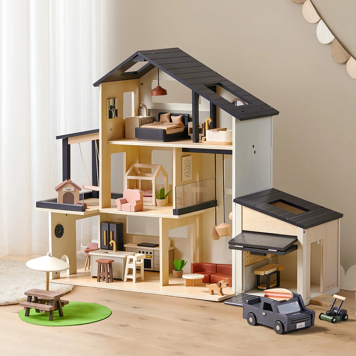 Sweet Family Gift Set: Black Dollhouse & Dollhouse Garage & Extra Dolls Set — Tiny Land