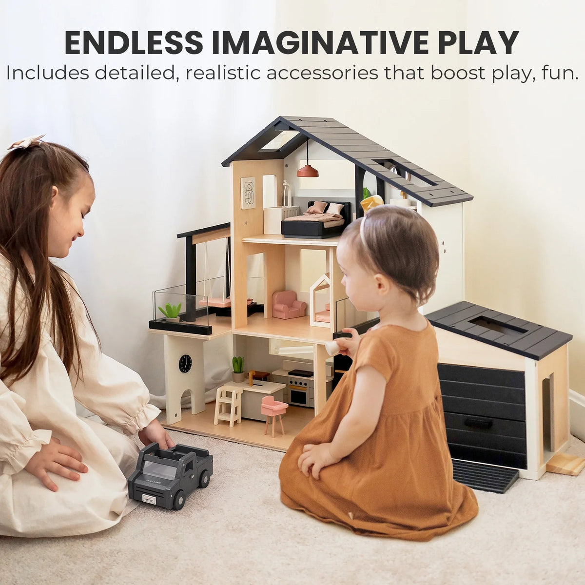 Sweet Family Gift Set: Black Dollhouse & Dollhouse Garage & Extra Dolls Set — Tiny Land