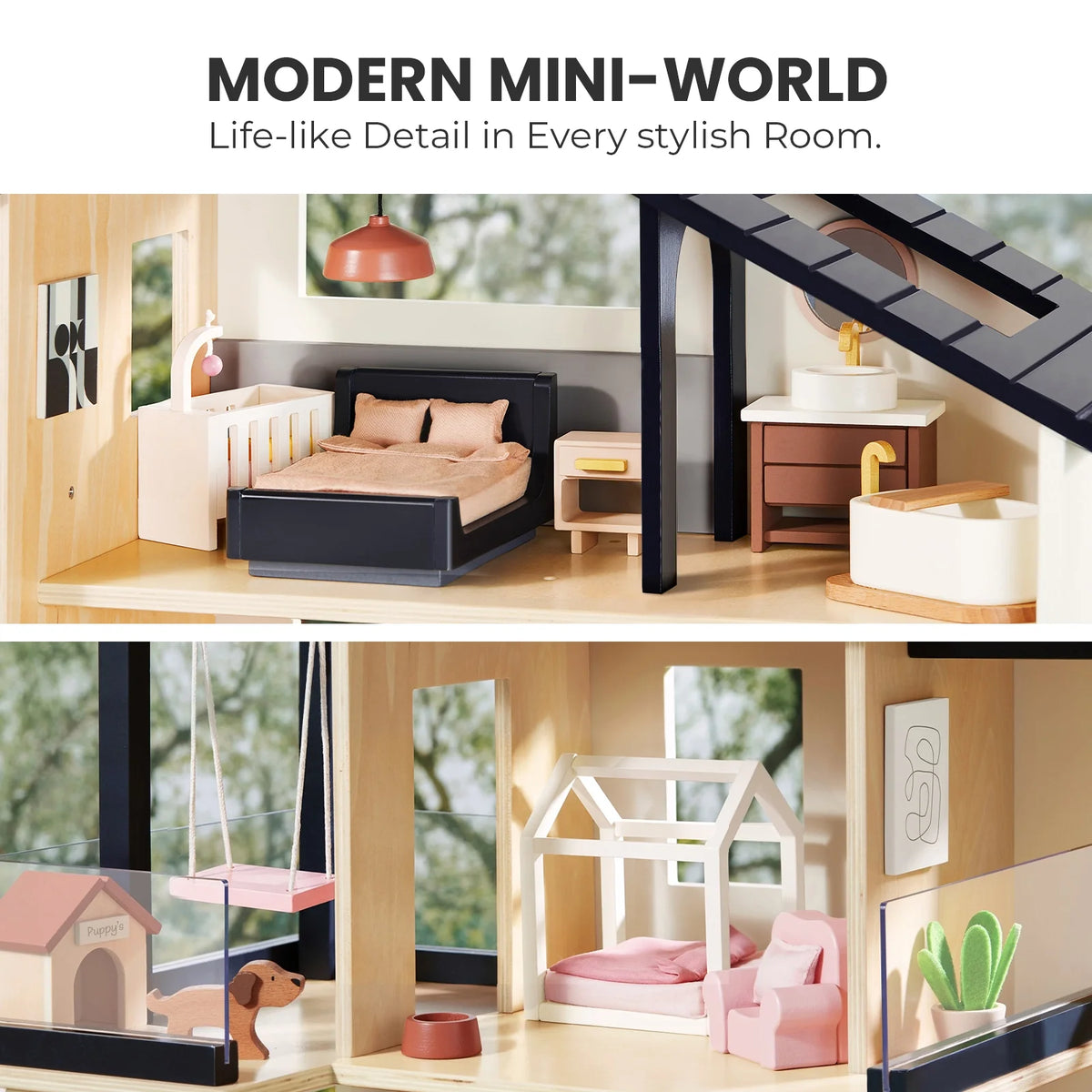 Sweet Family Gift Set: Black Dollhouse & Dollhouse Garage & Extra Dolls Set — Tiny Land
