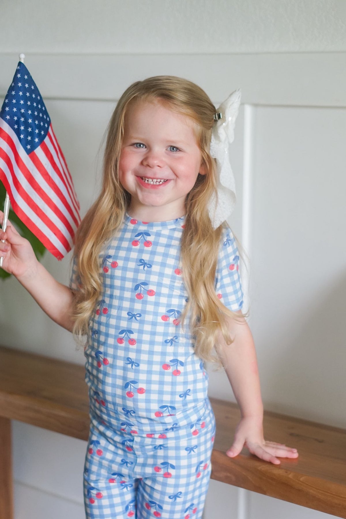 Red White & Blue Cherry Cherry Gingham 2pc Bamboo Pajamas — Little Joy Co.