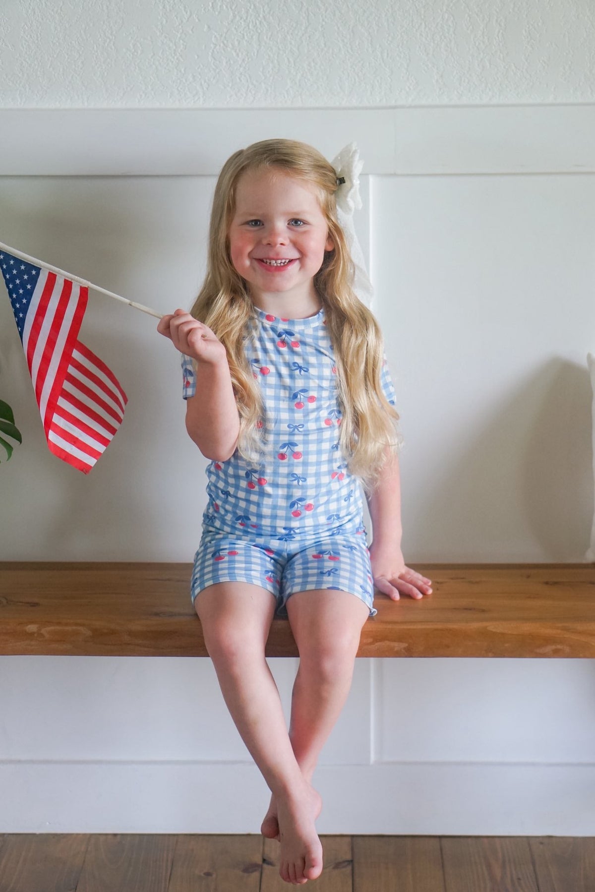 Red White & Blue Cherry Cherry Gingham 2pc Bamboo Pajamas — Little Joy Co.