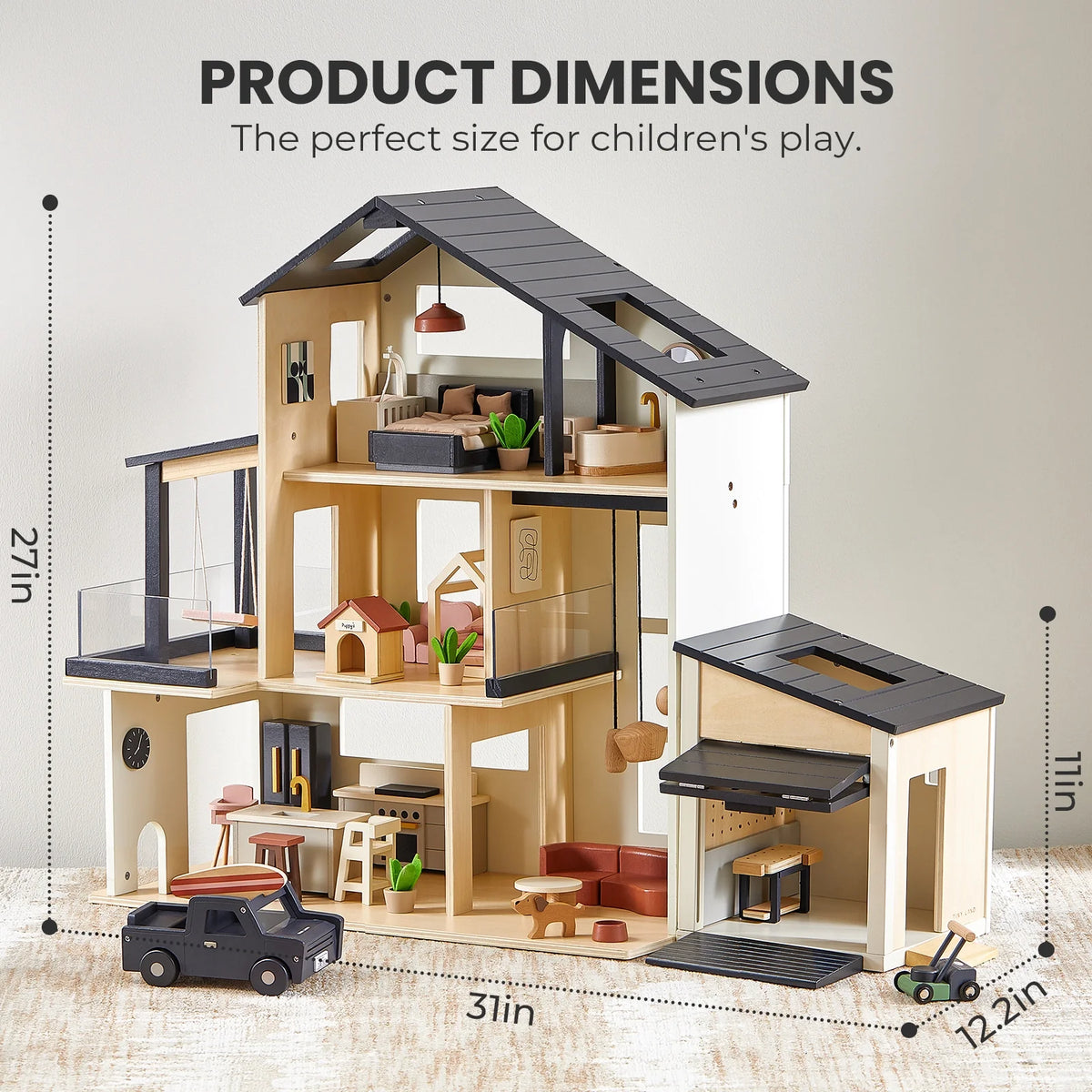 Sweet Family Gift Set: Black Dollhouse & Dollhouse Garage & Extra Dolls Set — Tiny Land
