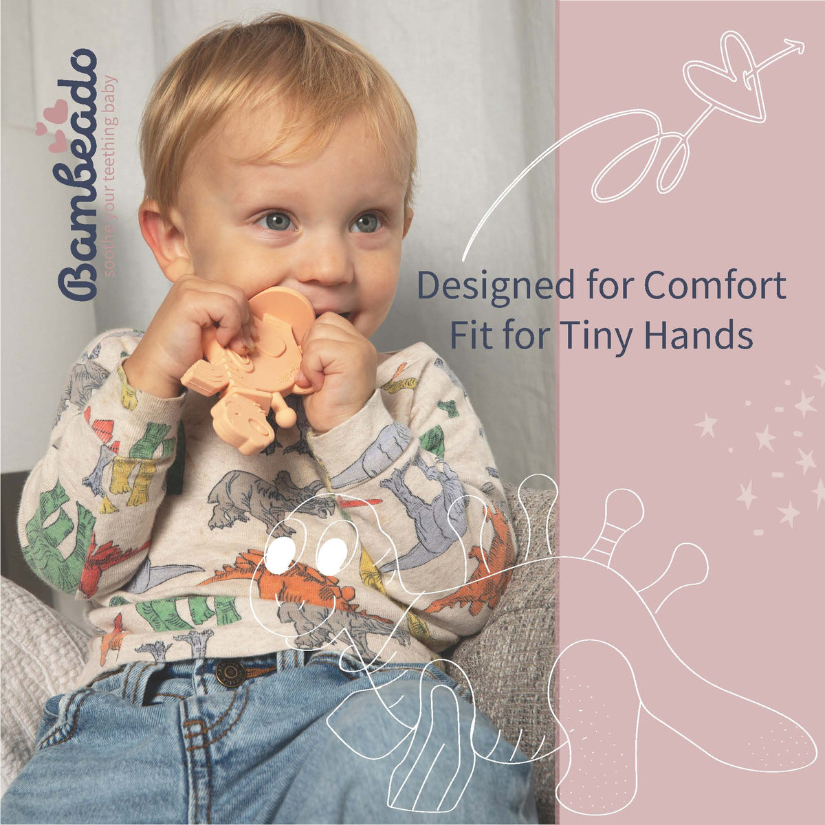 Dibly - Pink - Baltic Amber & Natural Rubber Dinosaur Teether with Toothbrush Tail — Bambeado