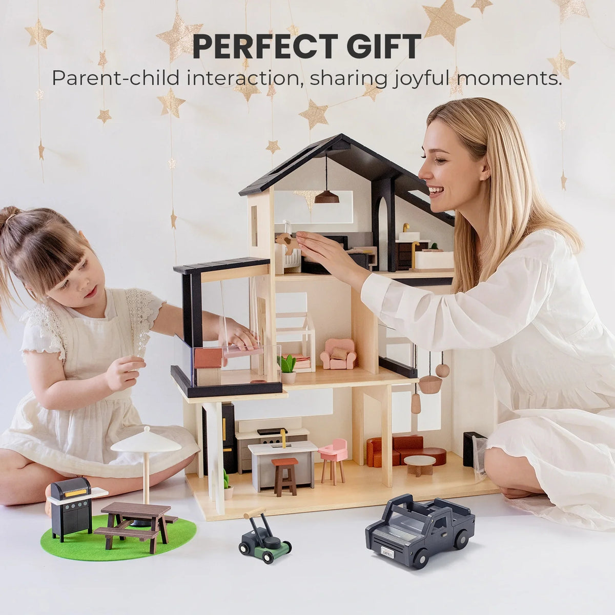 Sweet Family Gift Set: Black Dollhouse & Dollhouse Garage & Extra Dolls Set — Tiny Land