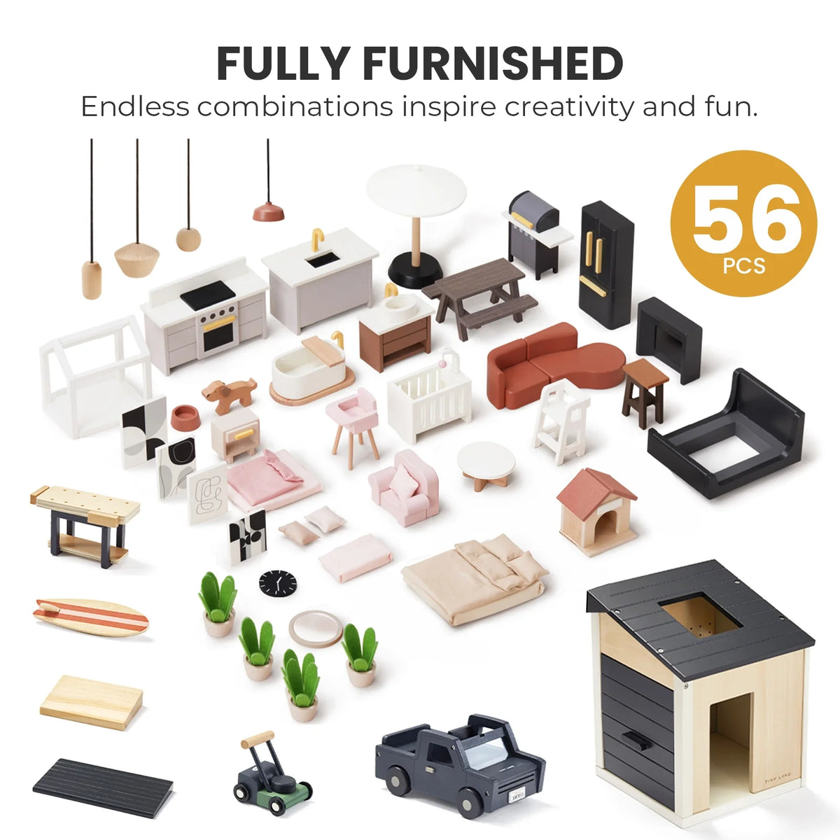 Sweet Family Gift Set: Black Dollhouse & Dollhouse Garage & Extra Dolls Set — Tiny Land