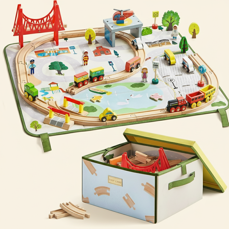 Tiny Land® 110-Piece Wooden Train Set with Folding Storage Box — Tiny Land