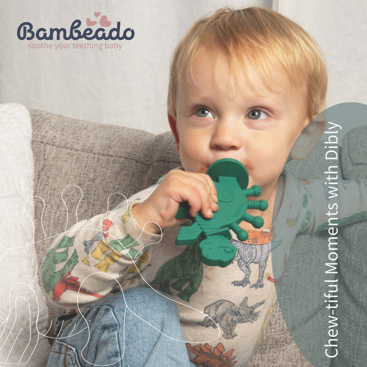 Dibly - Green - Baltic Amber & Natural Rubber Dinosaur Teether with Toothbrush Tail — Bambeado