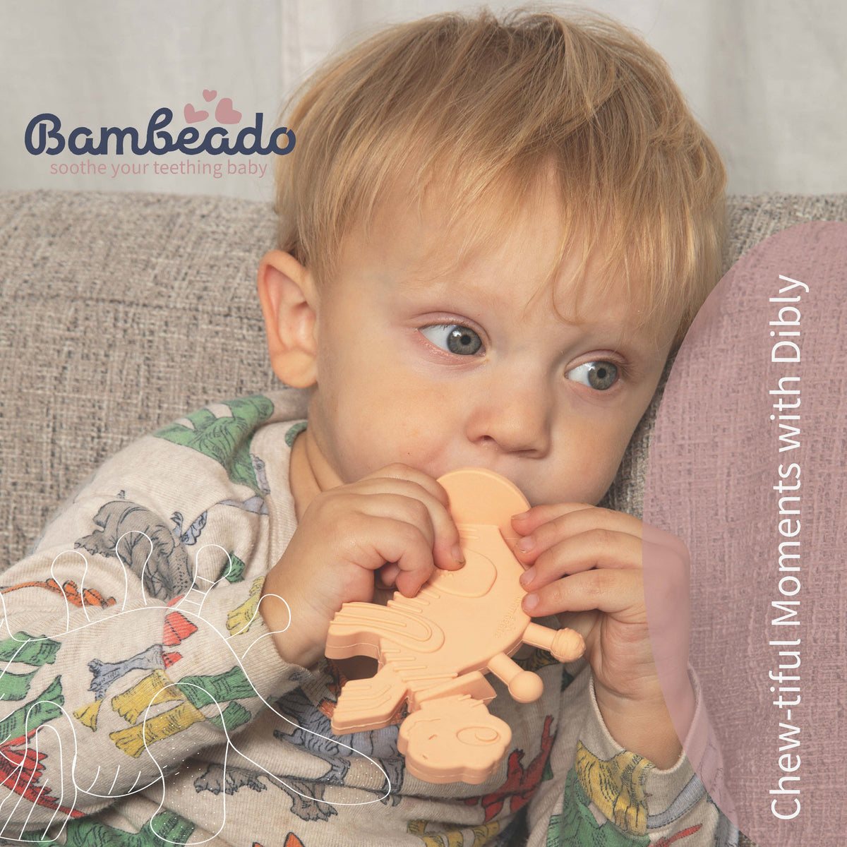 Dibly - Pink - Baltic Amber & Natural Rubber Dinosaur Teether with Toothbrush Tail — Bambeado