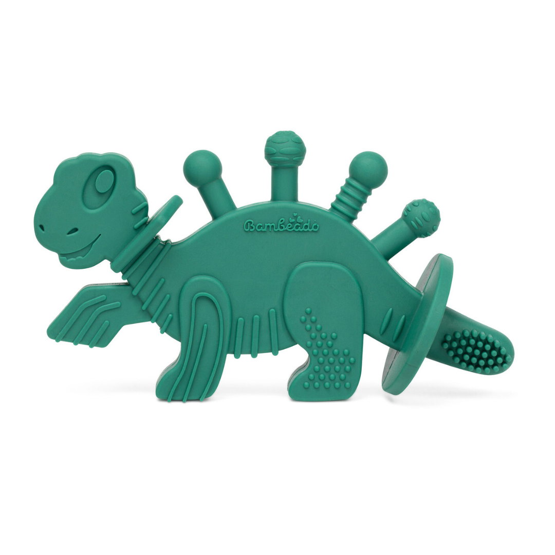 Dibly - Green - Baltic Amber & Natural Rubber Dinosaur Teether with Toothbrush Tail — Bambeado