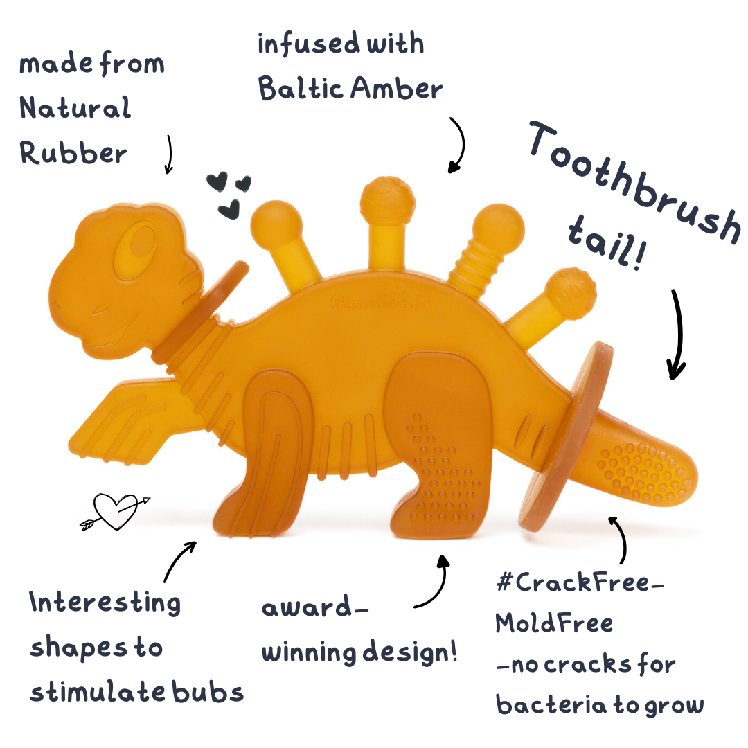 Dibly Amber - Baltic Amber & Natural Rubber Dinosaur Teether with Toothbrush Tail — Bambeado