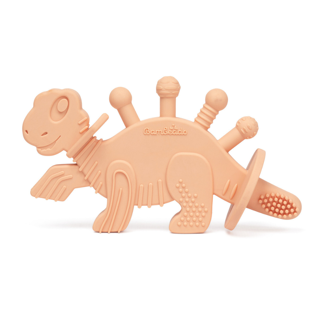 Dibly - Pink - Baltic Amber & Natural Rubber Dinosaur Teether with Toothbrush Tail — Bambeado