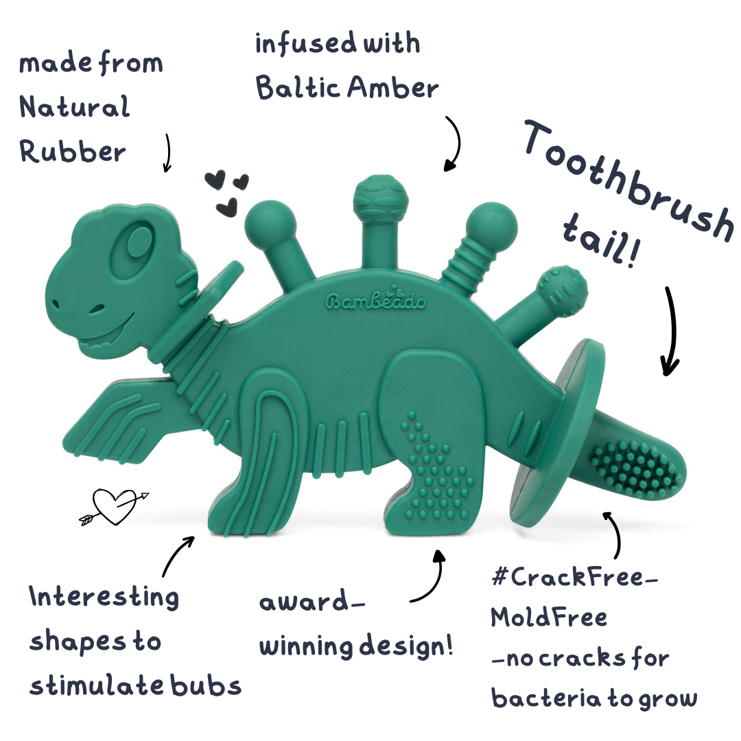 Dibly - Green - Baltic Amber & Natural Rubber Dinosaur Teether with Toothbrush Tail — Bambeado