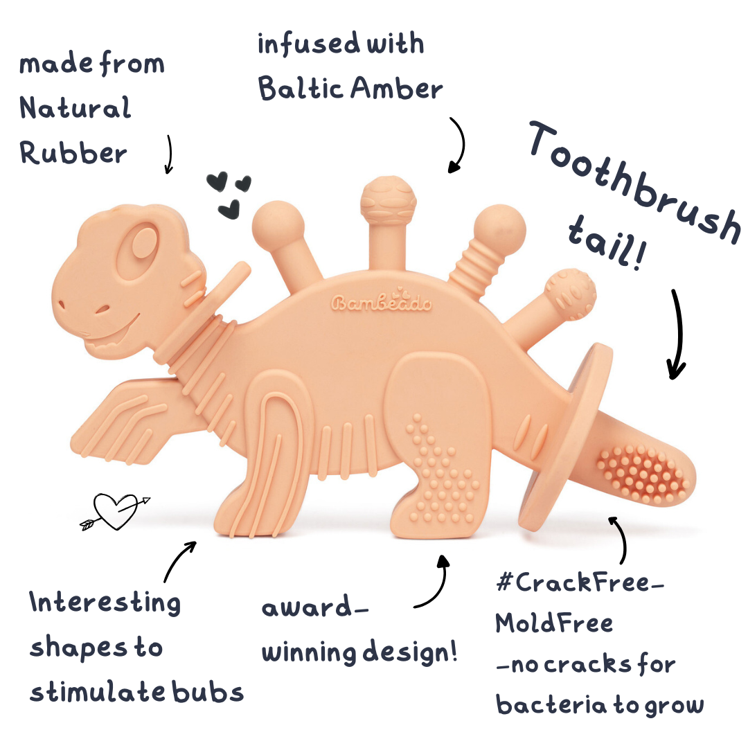 Dibly - Pink - Baltic Amber & Natural Rubber Dinosaur Teether with Toothbrush Tail — Bambeado