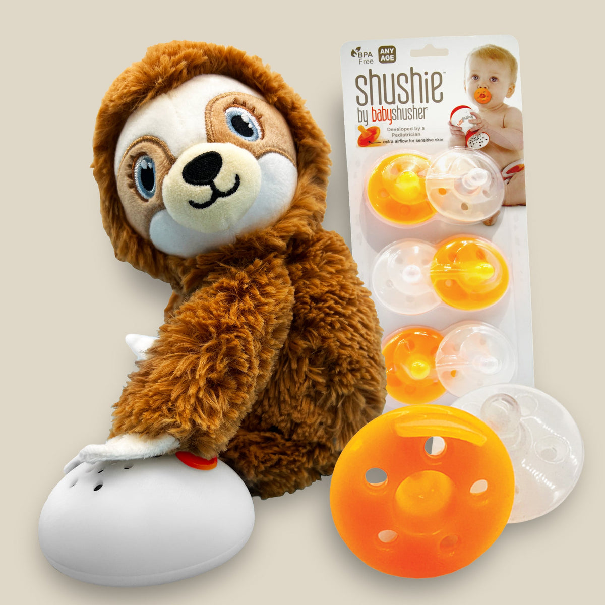 Shusher Sloth + 6-Pack Shushie™ Pacifiers – Soothing Bundle with Cuddly Cry Detection — Shusher