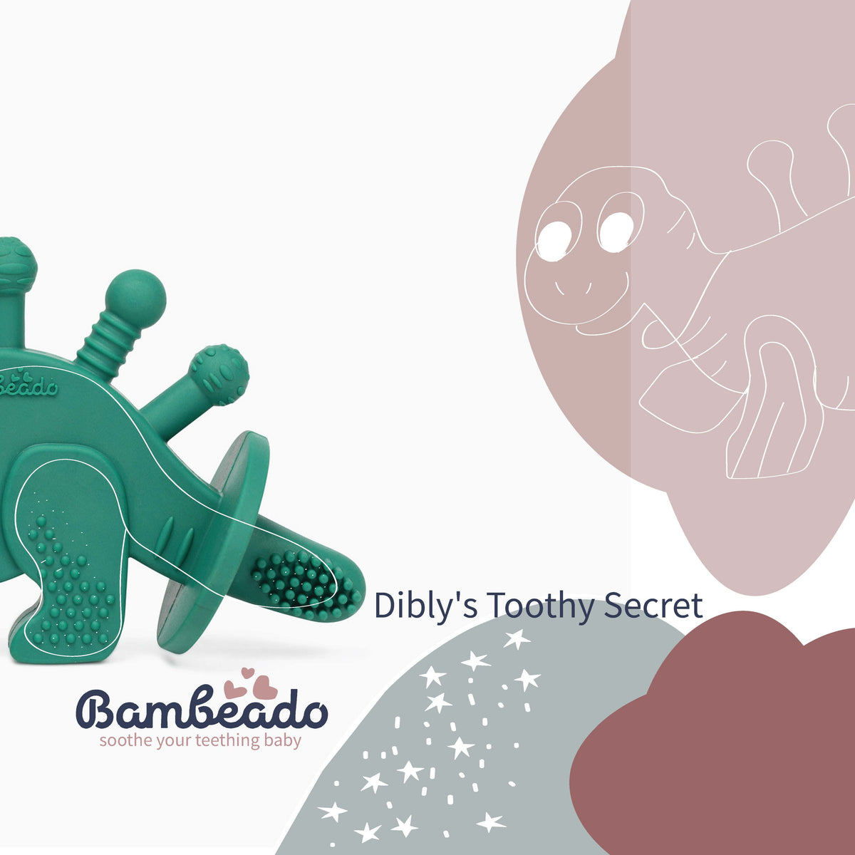 Dibly - Green - Baltic Amber & Natural Rubber Dinosaur Teether with Toothbrush Tail — Bambeado