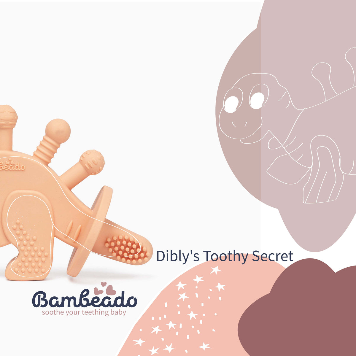 Dibly - Pink - Baltic Amber & Natural Rubber Dinosaur Teether with Toothbrush Tail — Bambeado