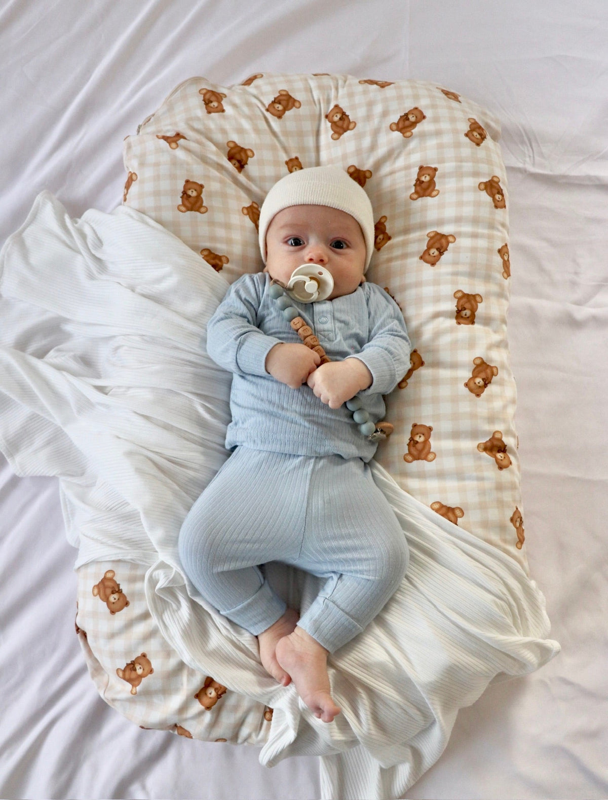 Beige Teddy Bear Gingham Ruffle Baby Lounger Cover — Little Mae & Co