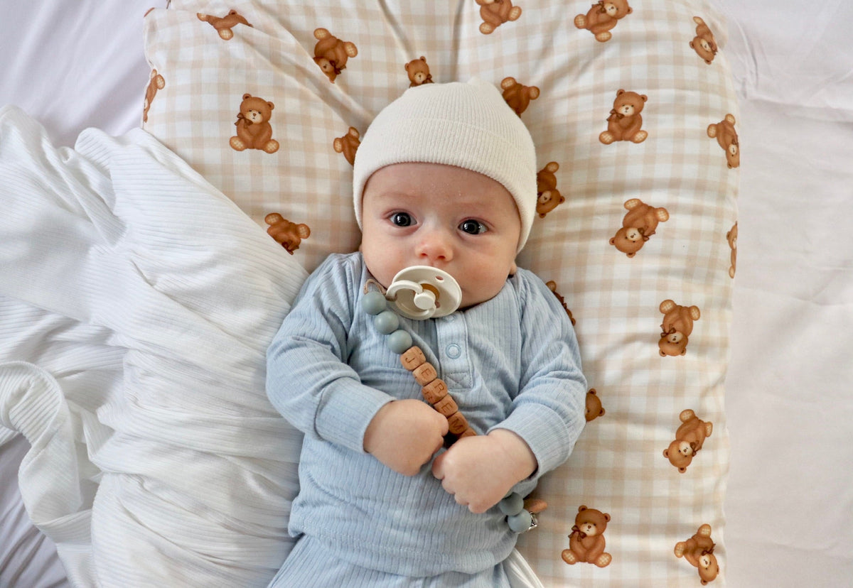 Beige Teddy Bear Gingham Ruffle Baby Lounger Cover — Little Mae & Co