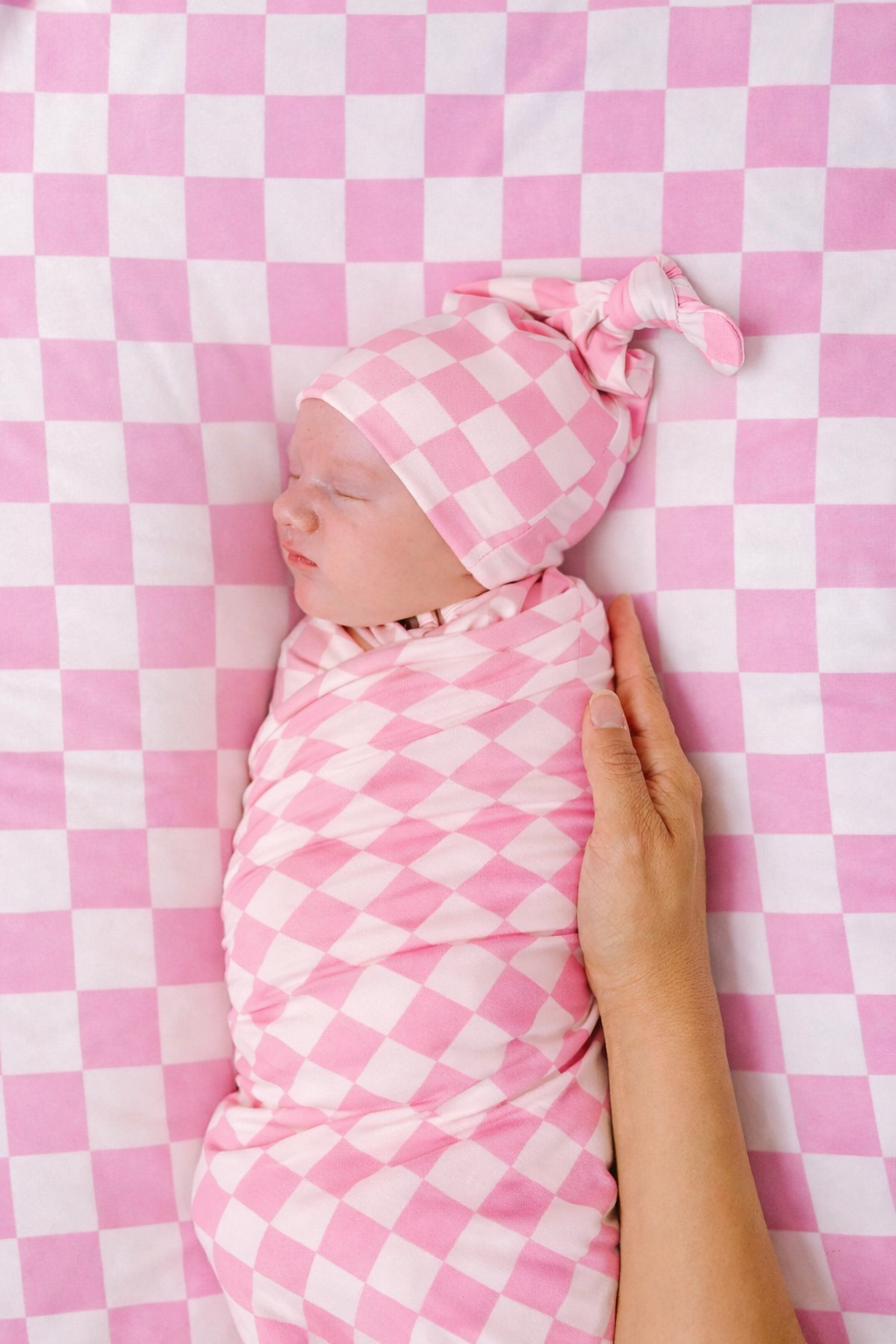 Pink & White Checkered Stretch Swaddle — Little Mae & Co