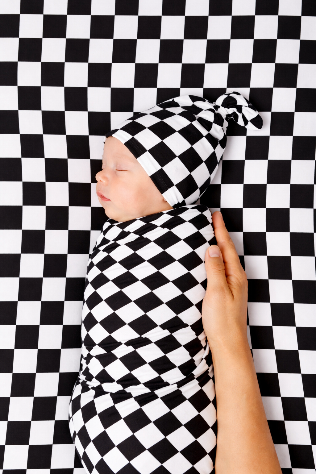Race Black & White Checkered Stretch Swaddle — Little Mae & Co