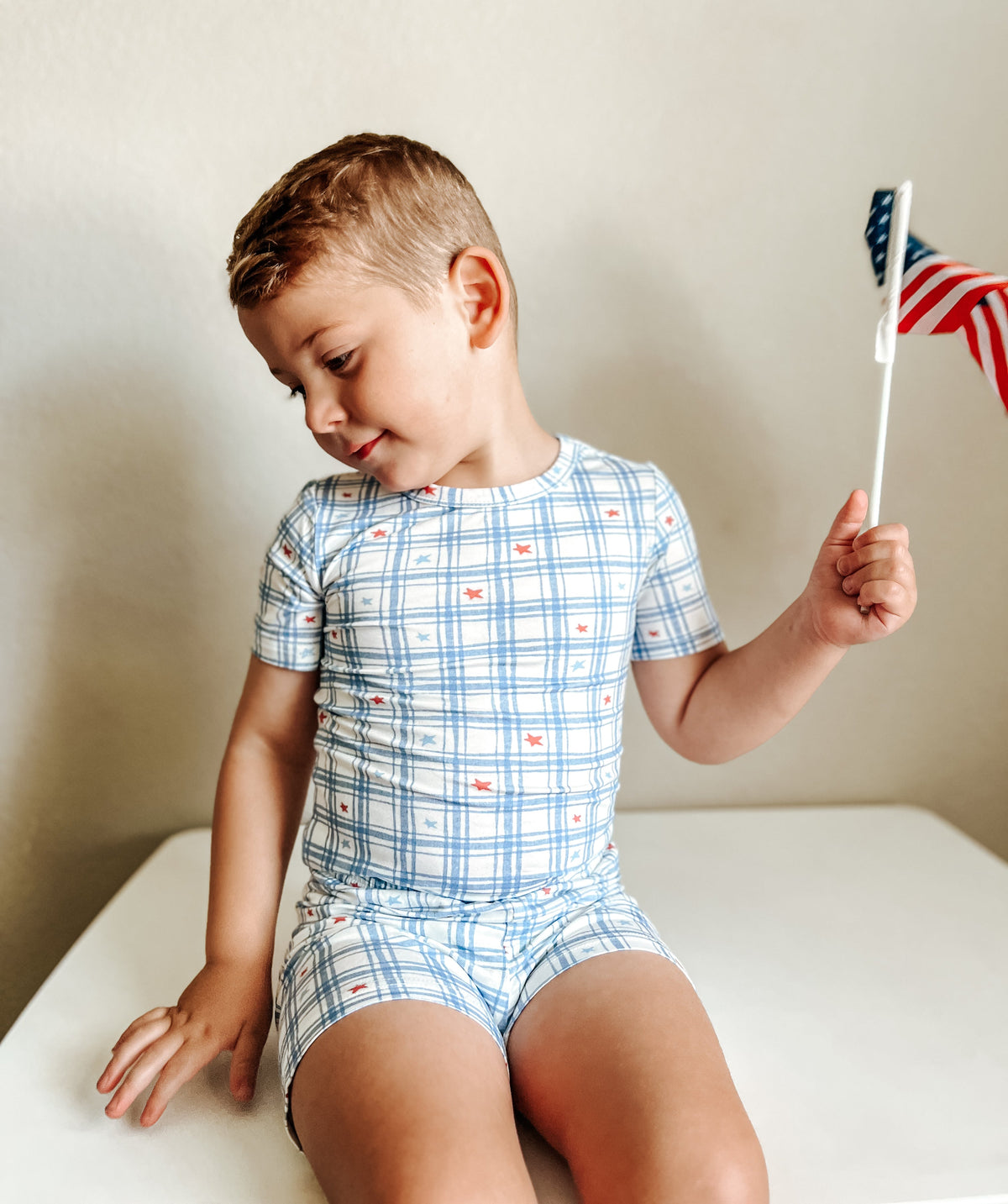 Red White & Blue Stars Gingham 2pc Bamboo Pajamas — Little Joy Co.