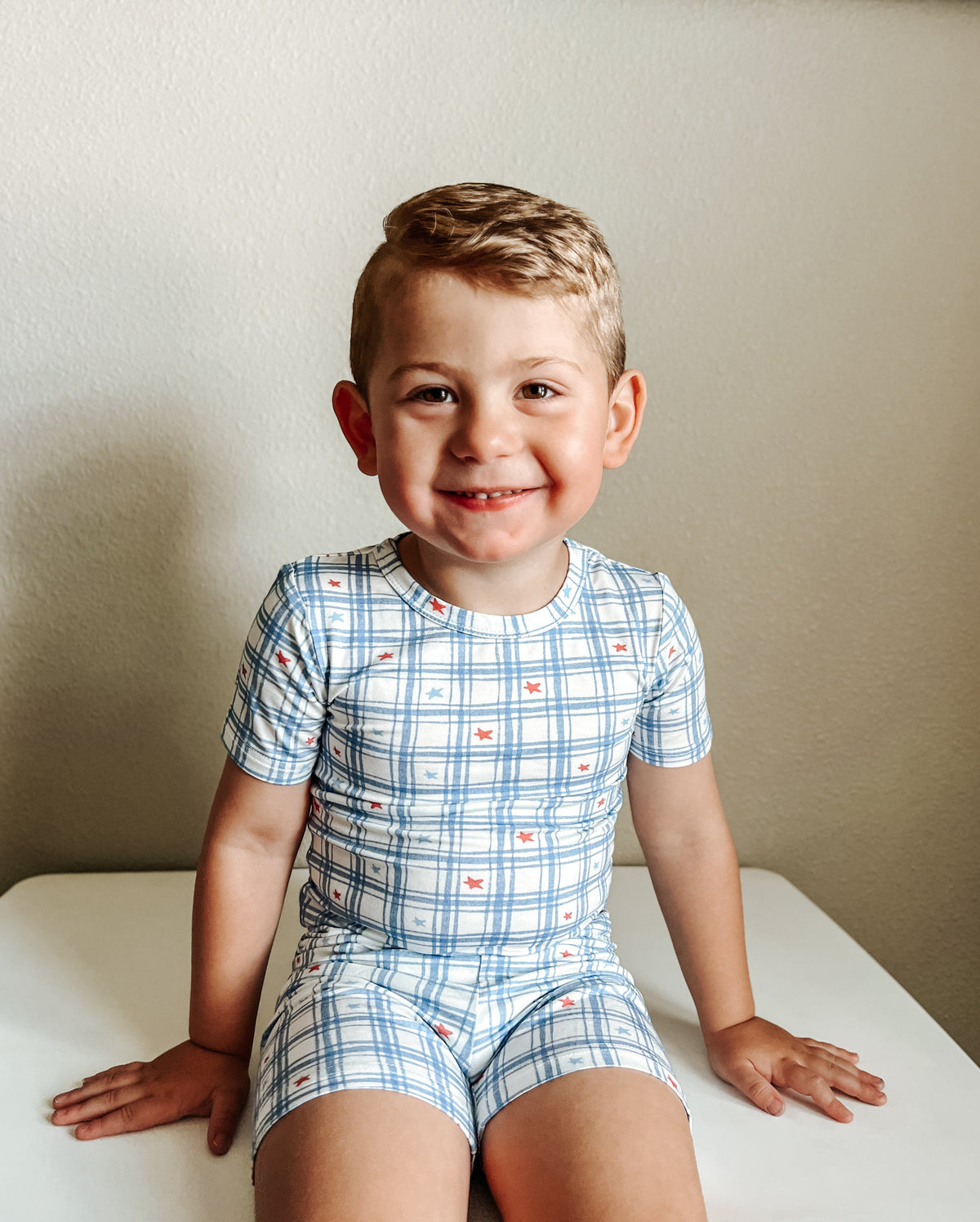 Red White & Blue Stars Gingham 2pc Bamboo Pajamas — Little Joy Co.
