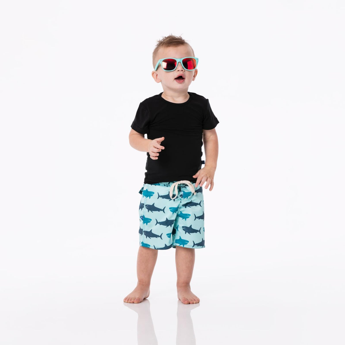Print Boy's Swim Trunks in Summer Sky Megalodon — KicKee Pants
