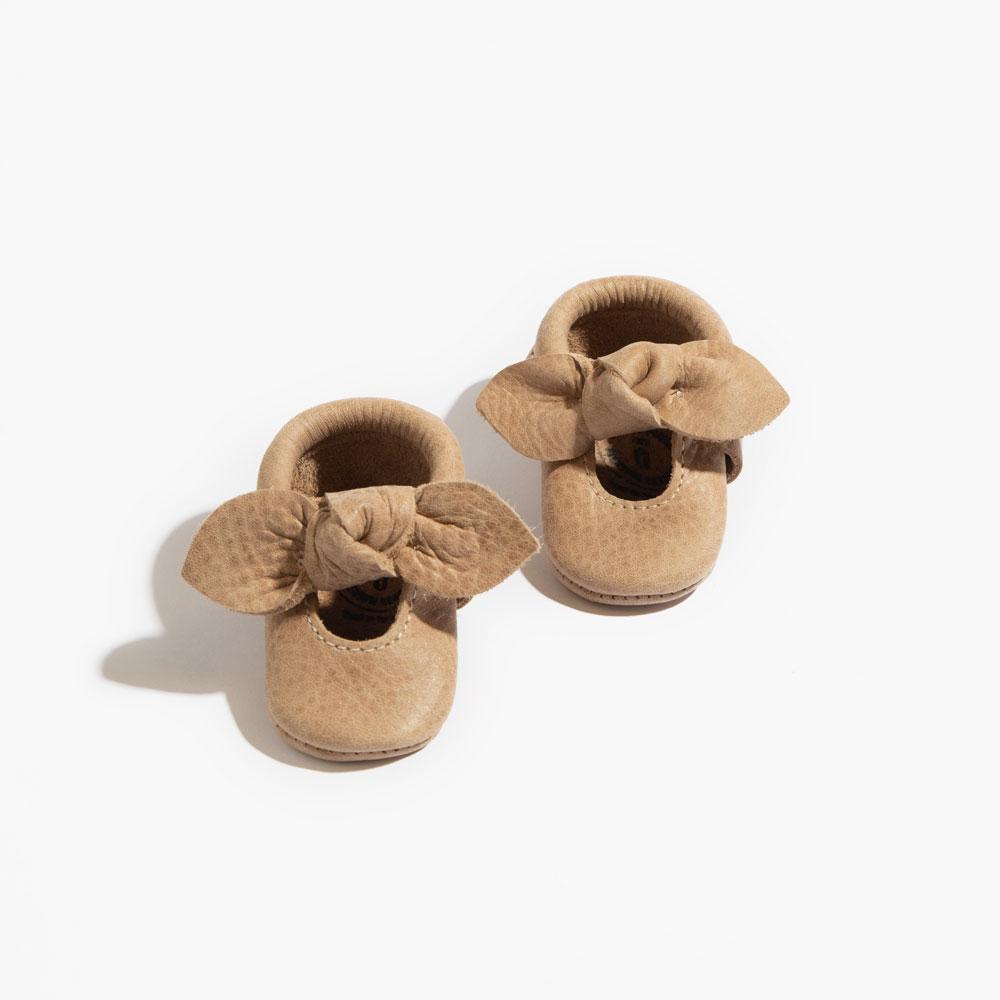 Newborn Weathered Brown Knotted Bow Baby Shoe — Freshly Picked
