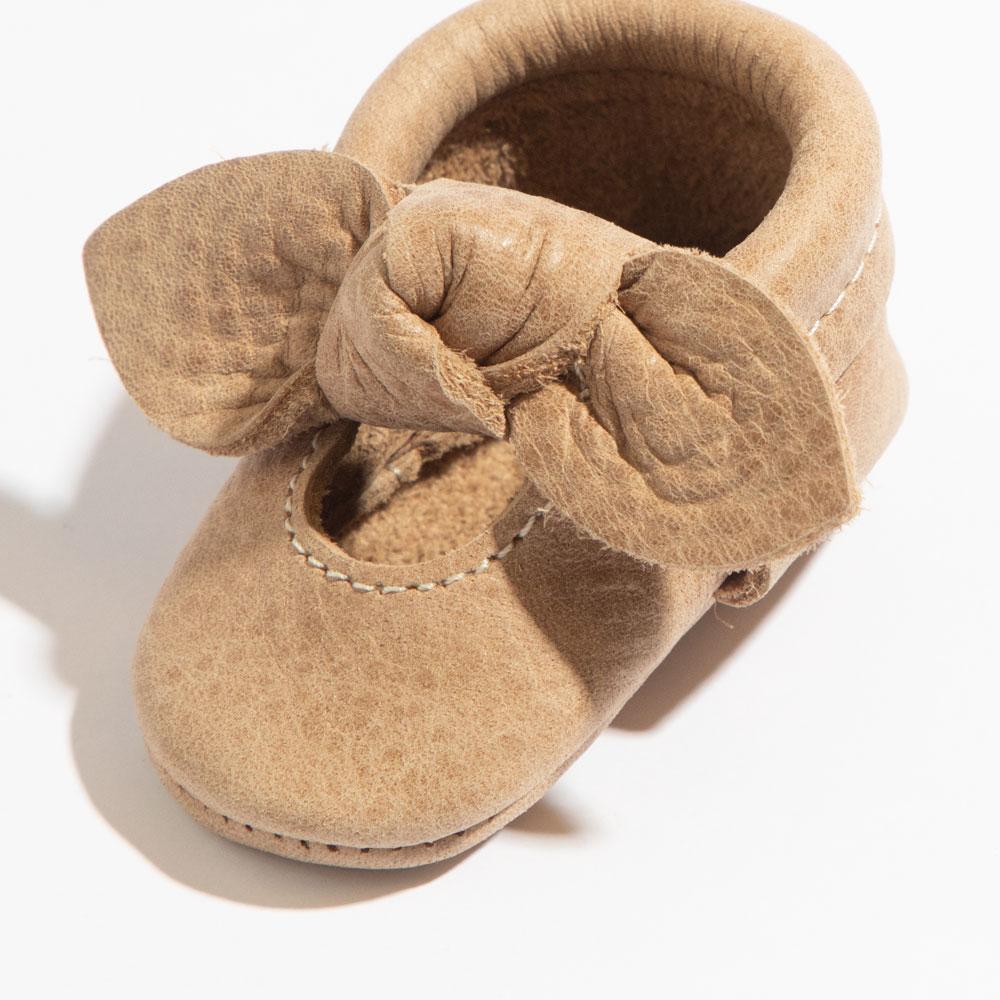 Newborn Weathered Brown Knotted Bow Baby Shoe — Freshly Picked