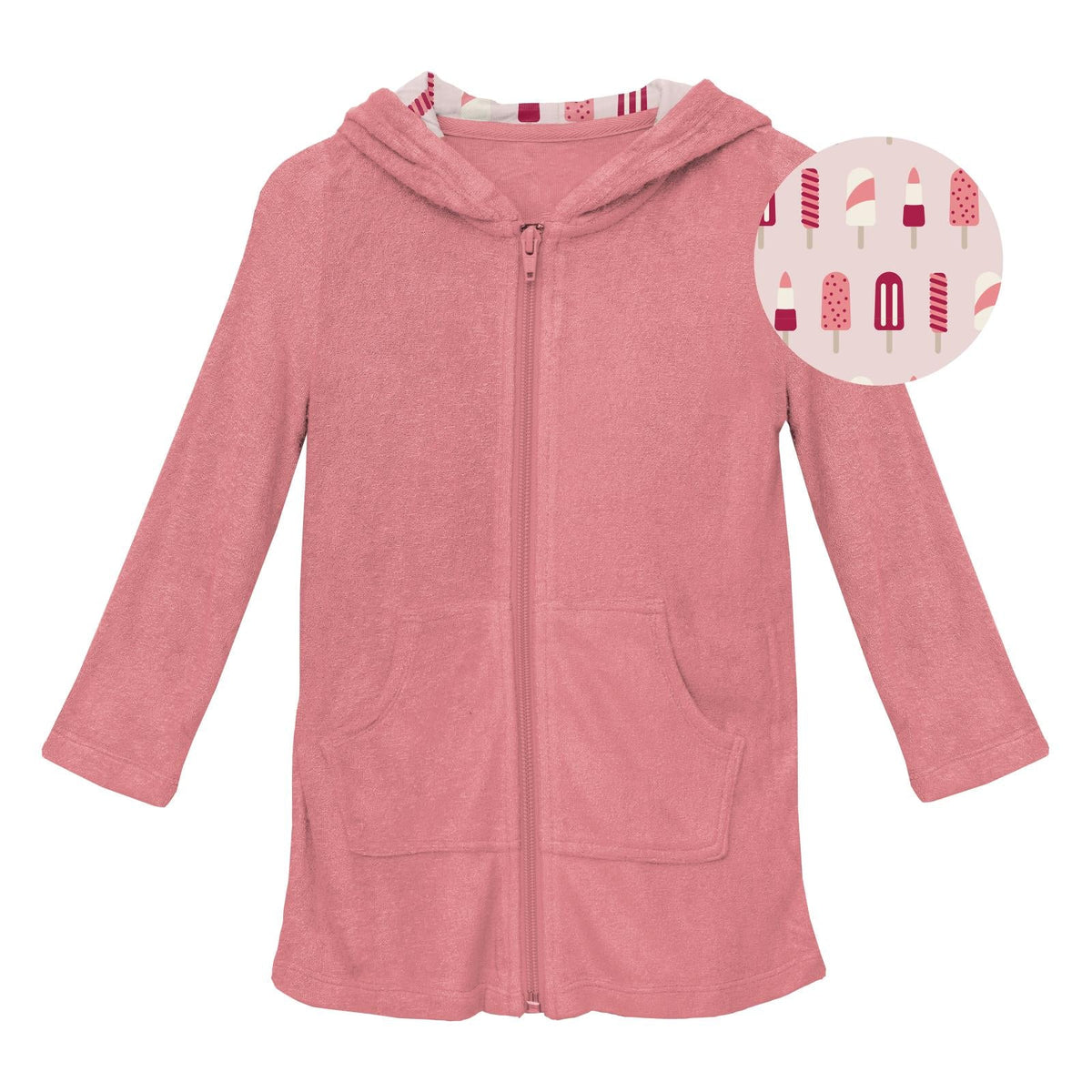 Terry Zip-Front After Swim Robe in Strawberry with Macaroon Popsicles — KicKee Pants