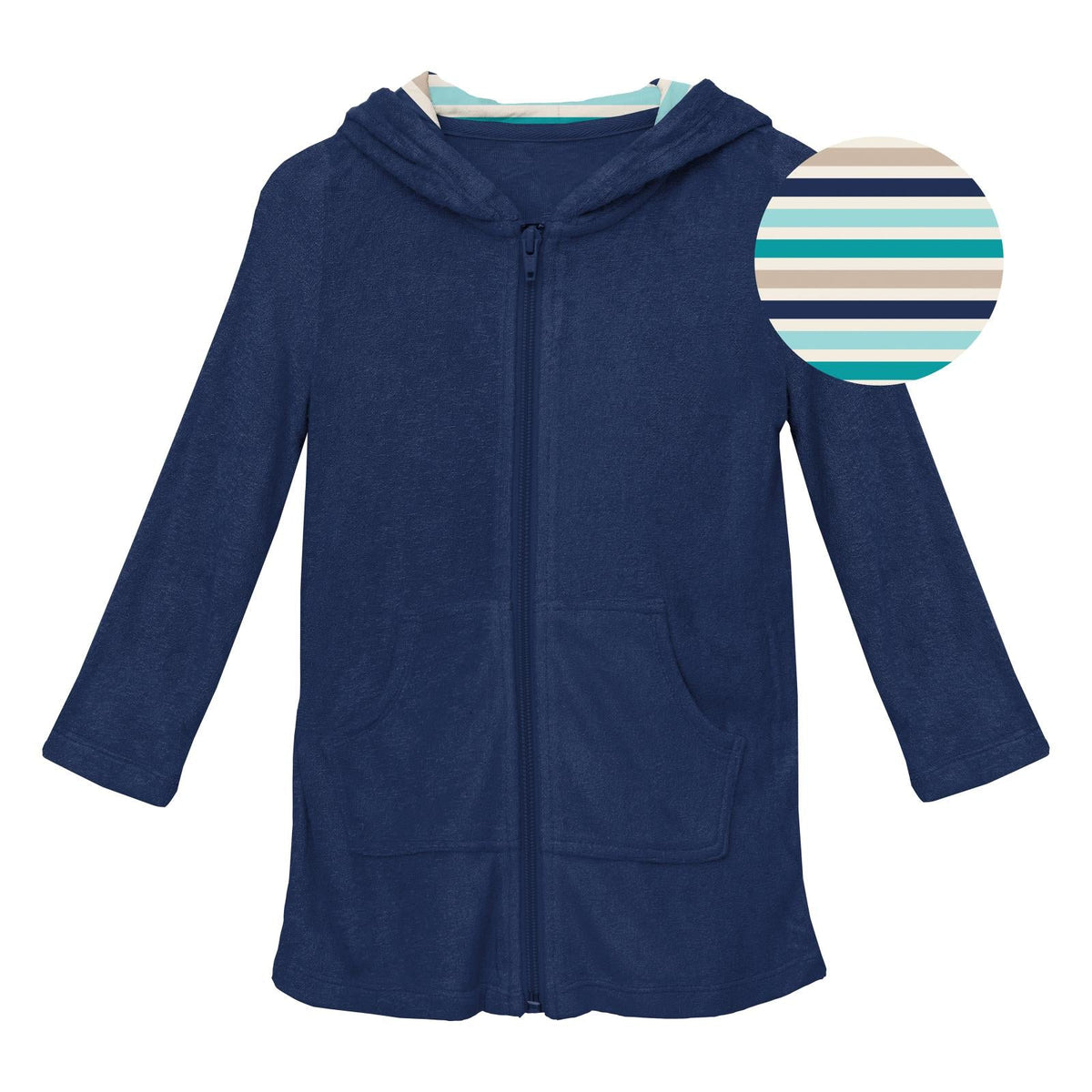 Terry Zip-Front After Swim Robe in Flag Blue with Sand and Sea Stripe — KicKee Pants