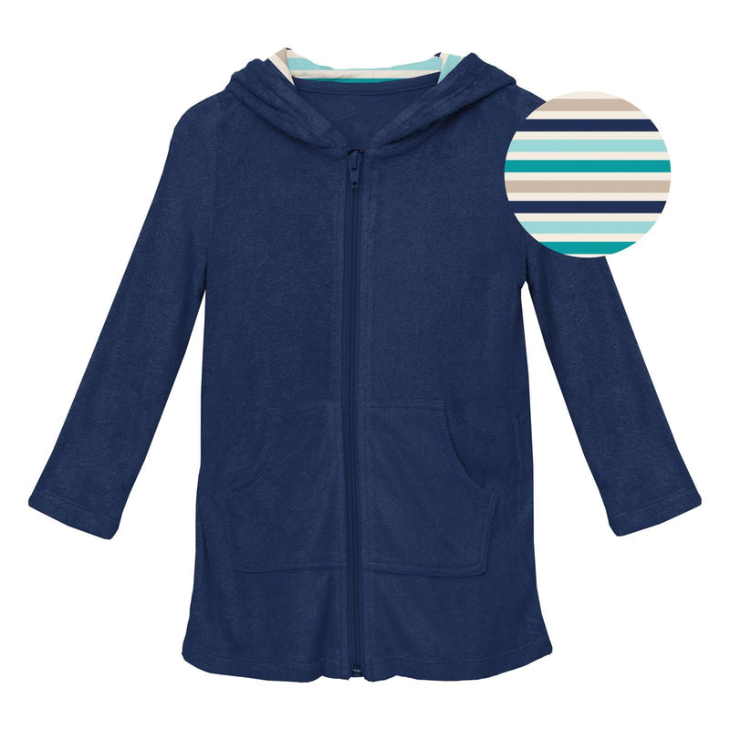Terry Zip-Front After Swim Robe in Flag Blue with Sand and Sea Stripe — KicKee Pants
