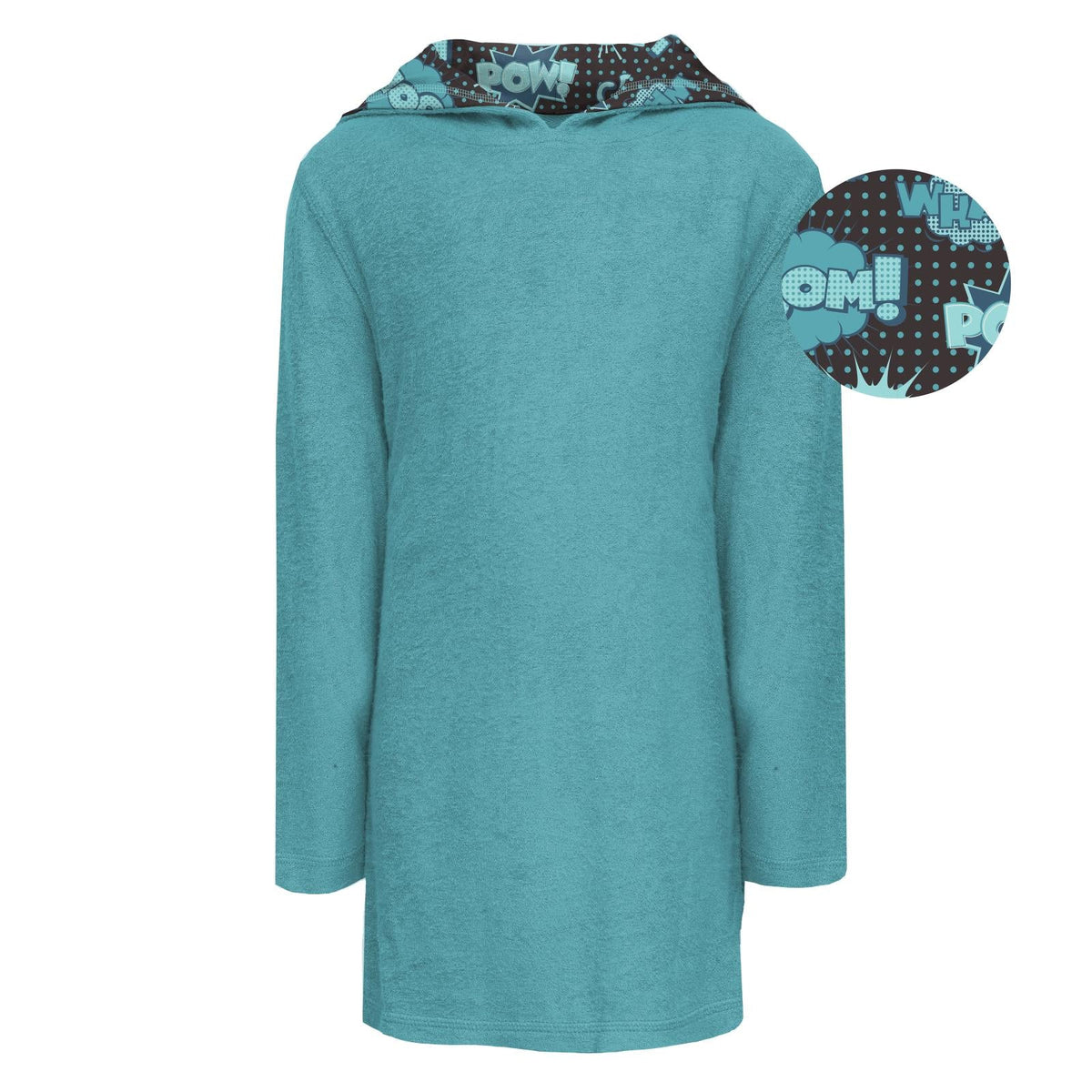 Terry Pull-over After Swim Robe with Lined Hood in Summer Sky with Midnight Comic Onomatopoeia — KicKee Pants