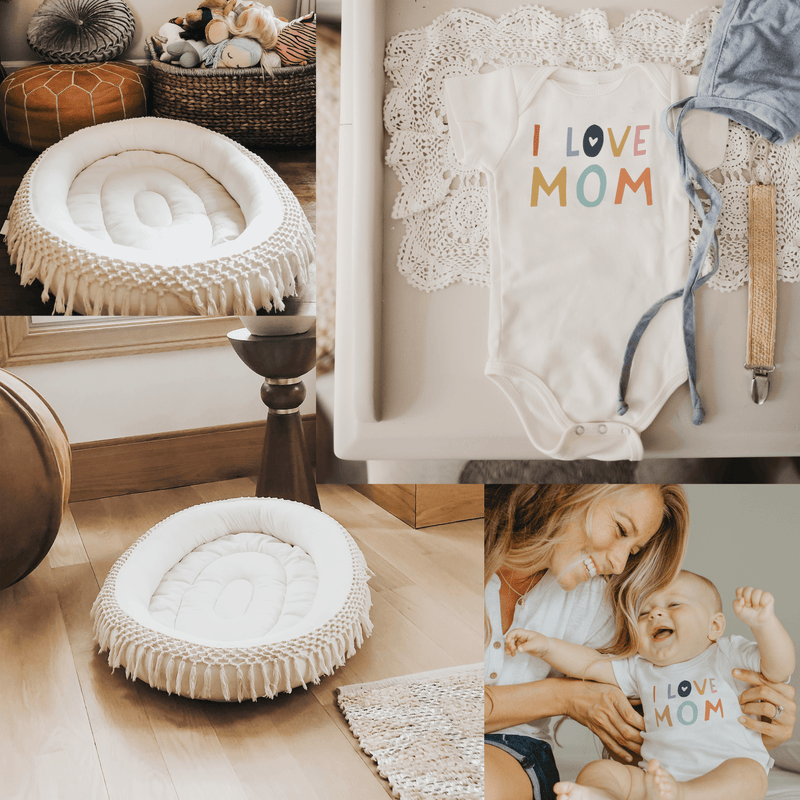 Macrame Oval Play Mat & Love Mom Bodysuit Bundle — Finn + Emma