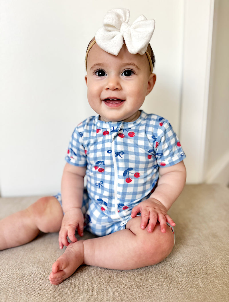 Red White & Blue Cherry Gingham Bamboo Shorty Pajamas — Little Joy Co.