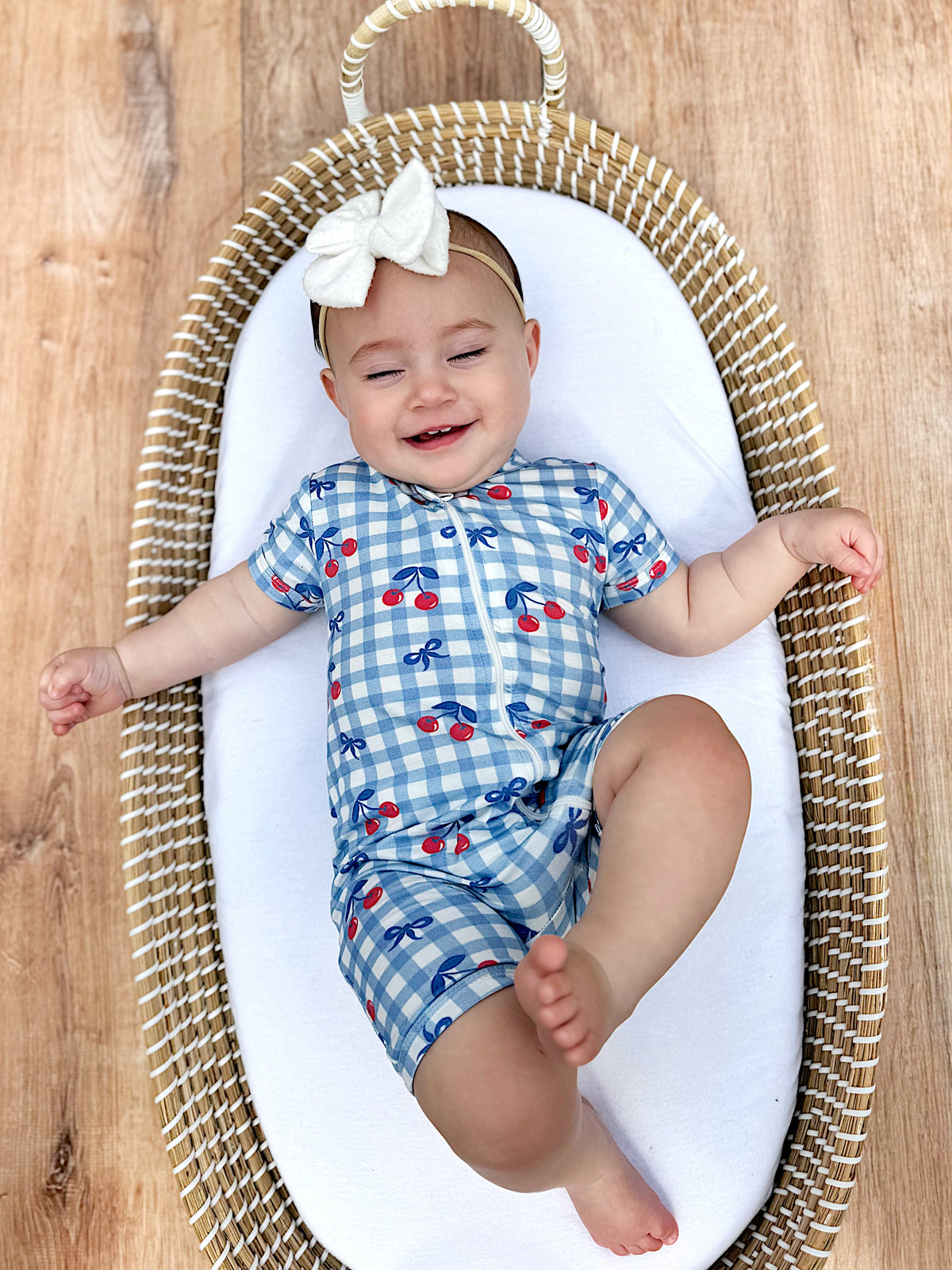 Red White & Blue Cherry Gingham Bamboo Shorty Pajamas — Little Joy Co.