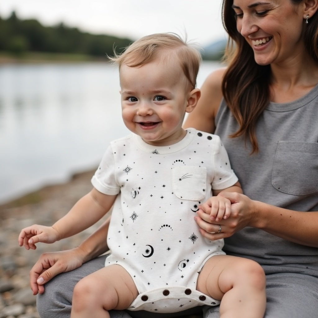 short sleeve romper | celestial — Finn + Emma