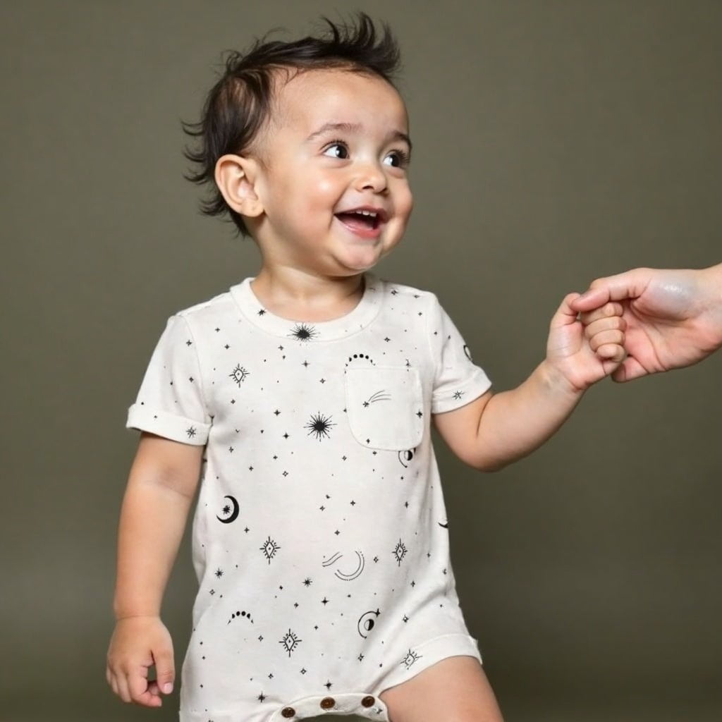 short sleeve romper | celestial — Finn + Emma