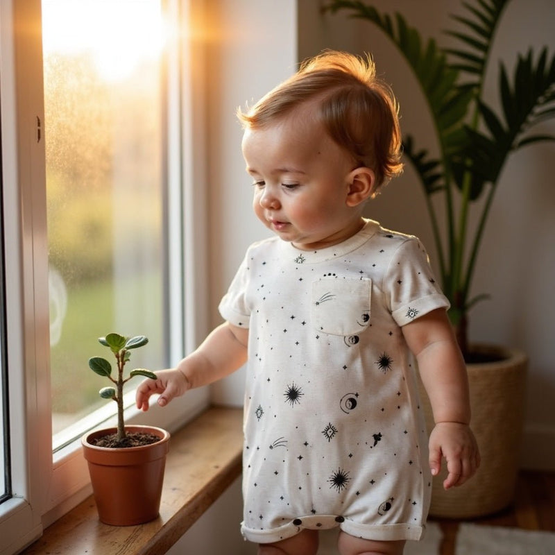 short sleeve romper | celestial — Finn + Emma