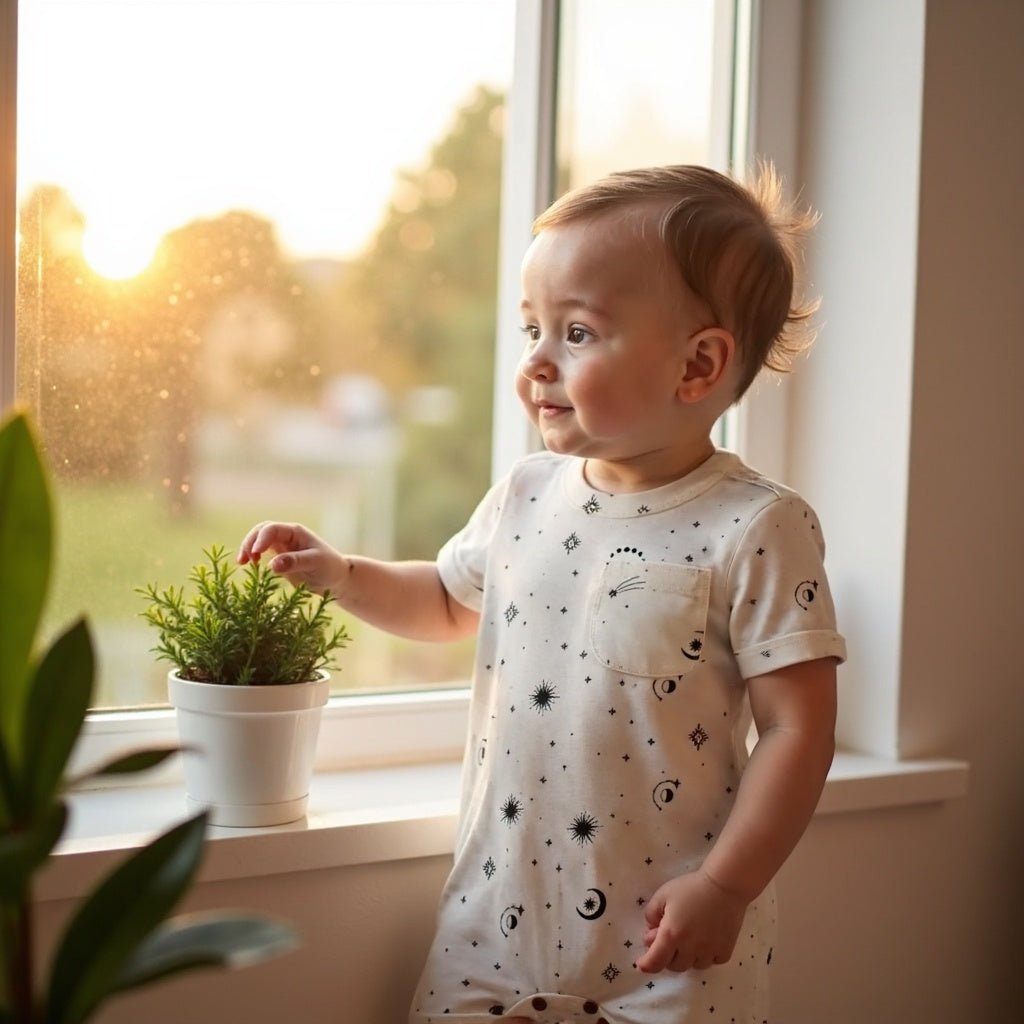 short sleeve romper | celestial — Finn + Emma