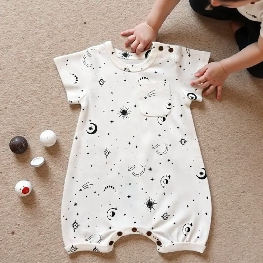 short sleeve romper | celestial — Finn + Emma
