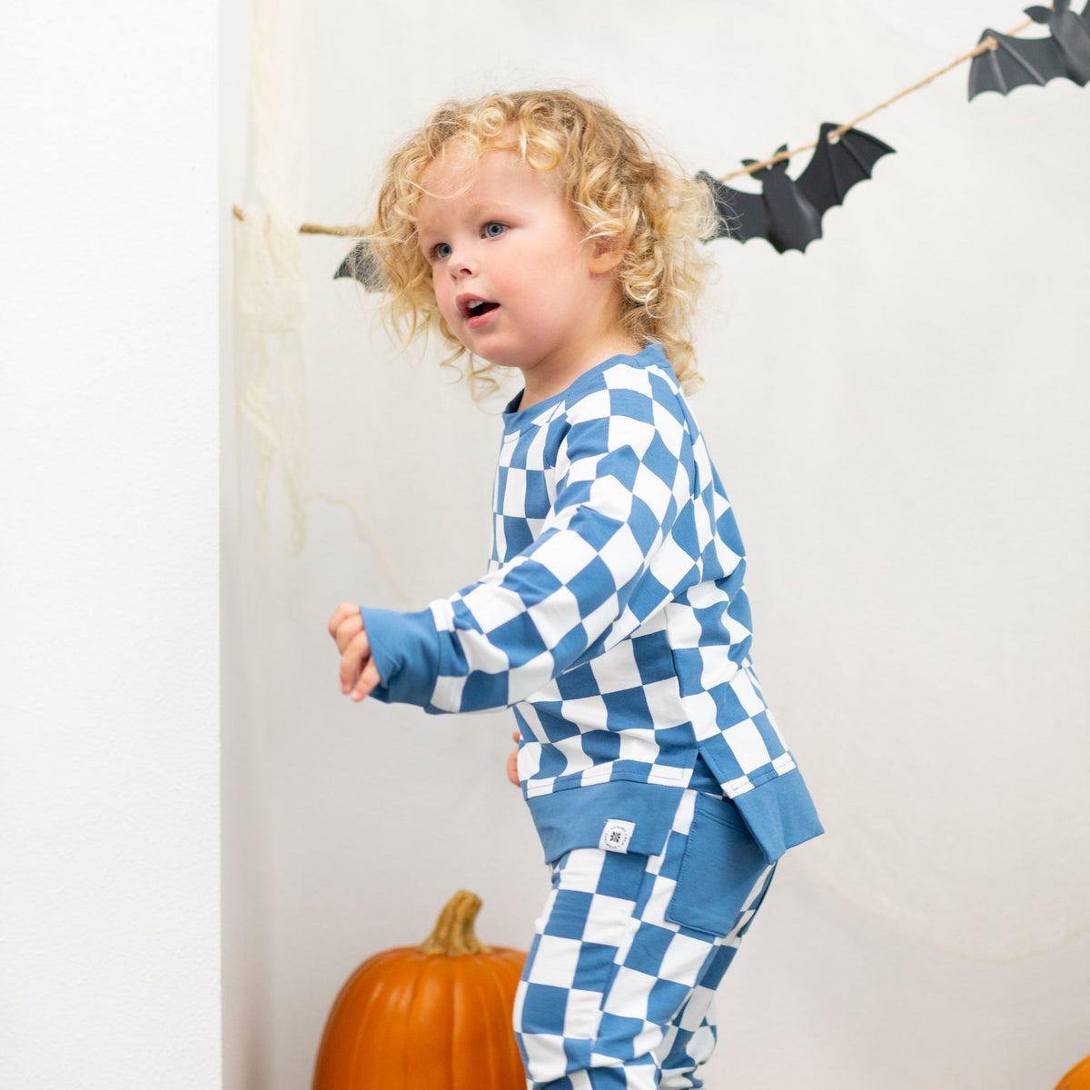 Checker Moody Blue Crew Neck Jogger Set — Sweet Bamboo