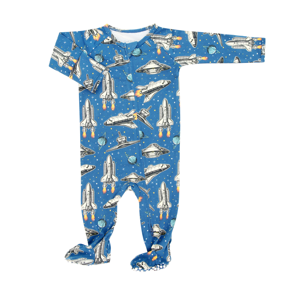 Deep In Orbit Zipper Footie — Sweet Bamboo