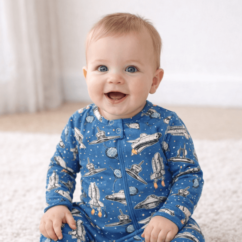 Deep In Orbit Zipper Footie — Sweet Bamboo