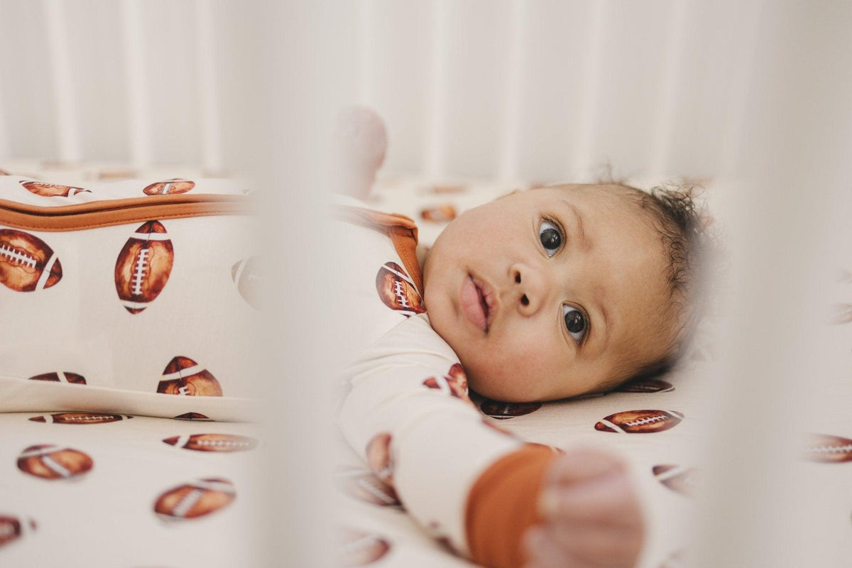 Football Print Bamboo Crib Sheet — Little Joy Co.