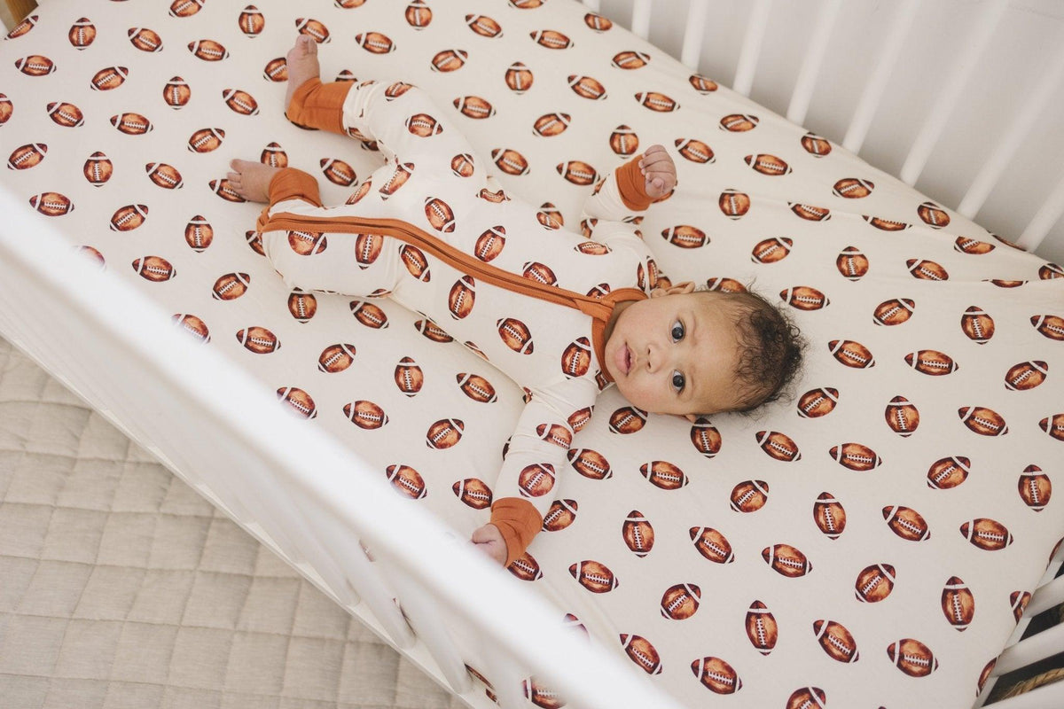 Football Print Bamboo Crib Sheet — Little Joy Co.