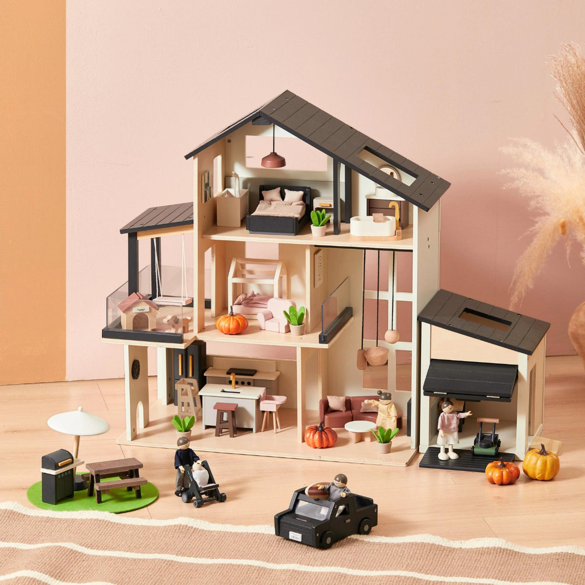 Sweet Family Gift Set: Black Dollhouse & Dollhouse Garage & Extra Dolls Set — Tiny Land