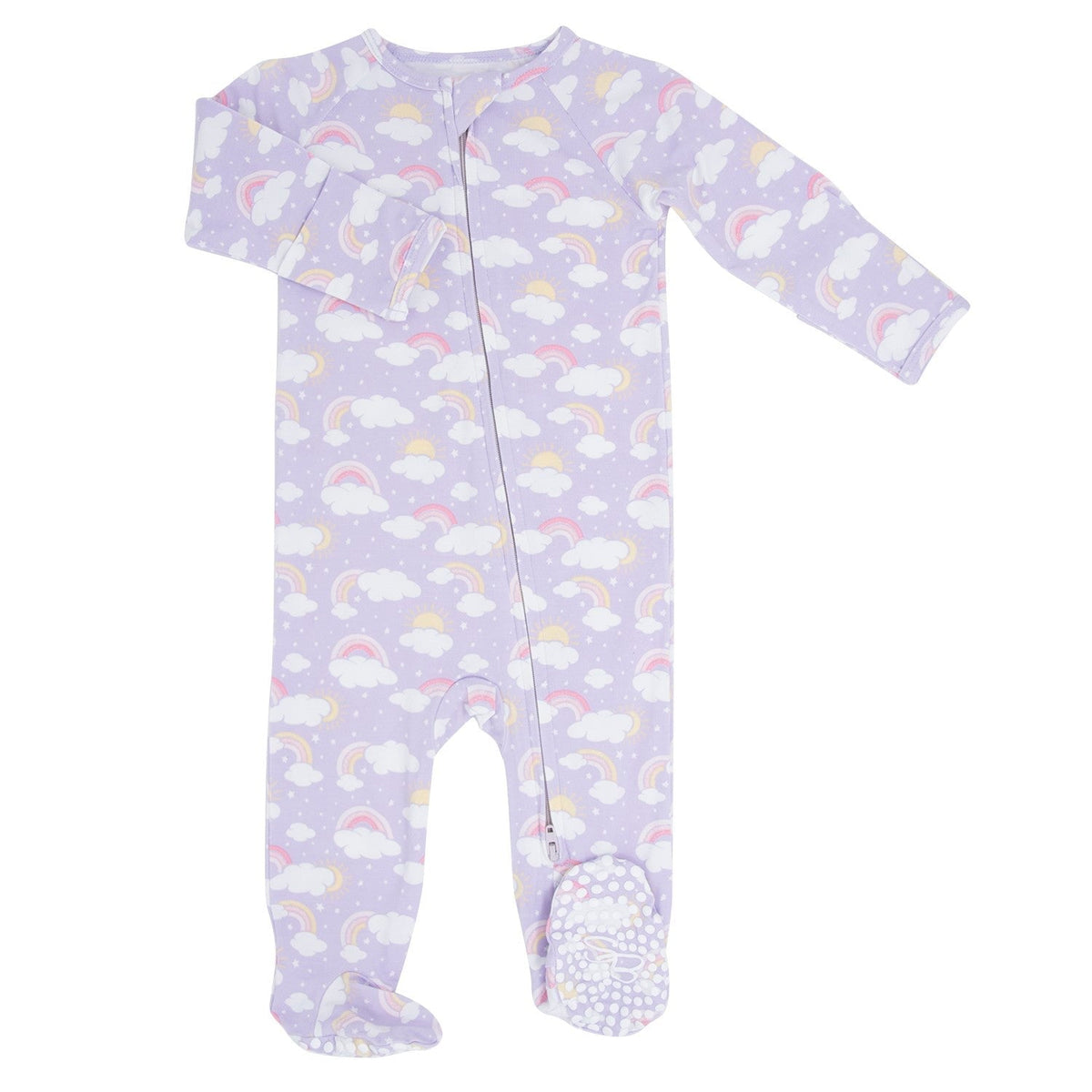 Lavender Rainbows and Clouds Zipper Footie — Sweet Bamboo
