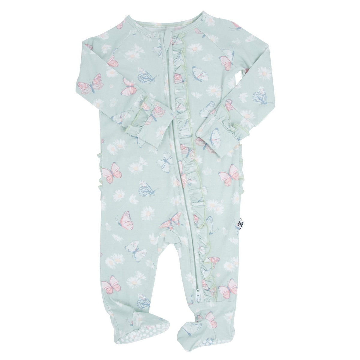 Mint Butterfly Daisy Bamboo Ruffle Baby Footie — Sweet Bamboo