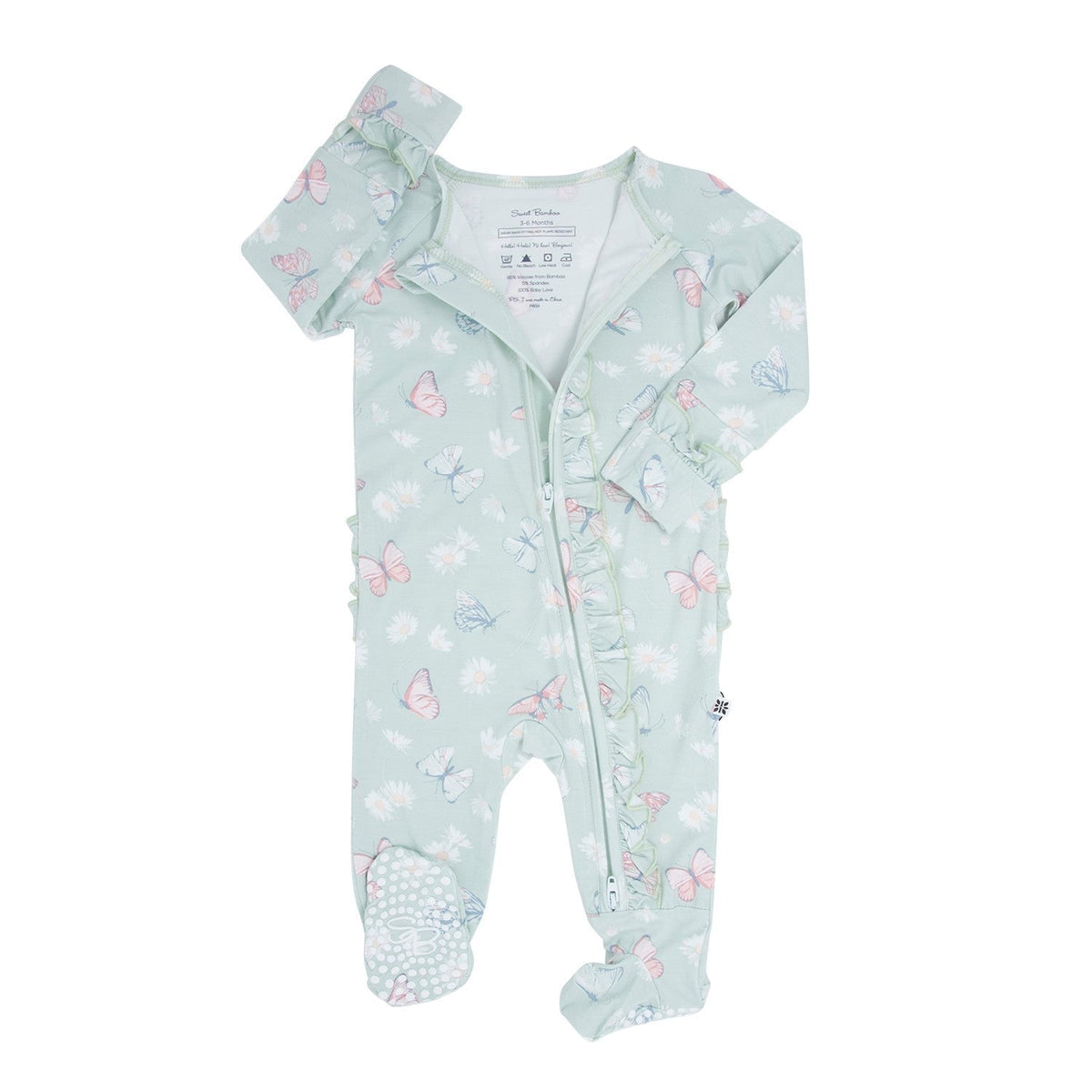 Mint Butterfly Daisy Bamboo Ruffle Baby Footie — Sweet Bamboo